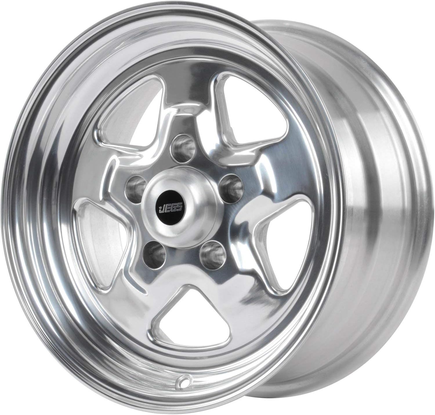 JEGS Sport Star Aluminum Wheel 15” x 7” | 5 x 4.75” Wheel Bolt Pattern Spacing | 0 mm Offset | 4” Backspacing | Polished Finish | 3.27” Center Bore |