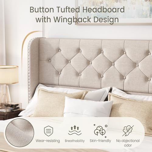 King Size Bed Frame with 4 Storage Drawers and Tufted Headboard Linen Upholstered Platform Bed Frame Wingback Beds with Wooden Slats Support