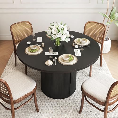 47 inch Round Dining Table for 4, Kitchen Table Dinner Table with 2-Layer Storage Shelf and Wood Slide Door for Home Dining Room Living Room (Walnut)