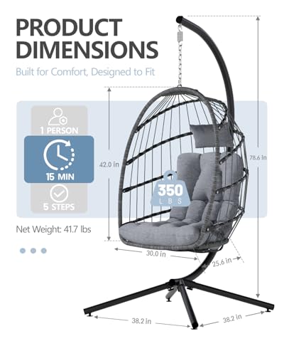SWITTE Egg Chair Outdoor with Stand, Indoor Wicker Hanging Egg Swing Chair with Cushion, 350lbs Capacity for Patio, Bedroom, Garden - Gray