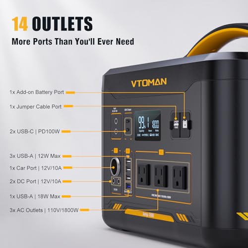 VTOMAN Jump 600X Portable Power Station, LFP Battery Powered Generator with 2x 600W AC Outlets (Surge 1200W), 4x USB ports