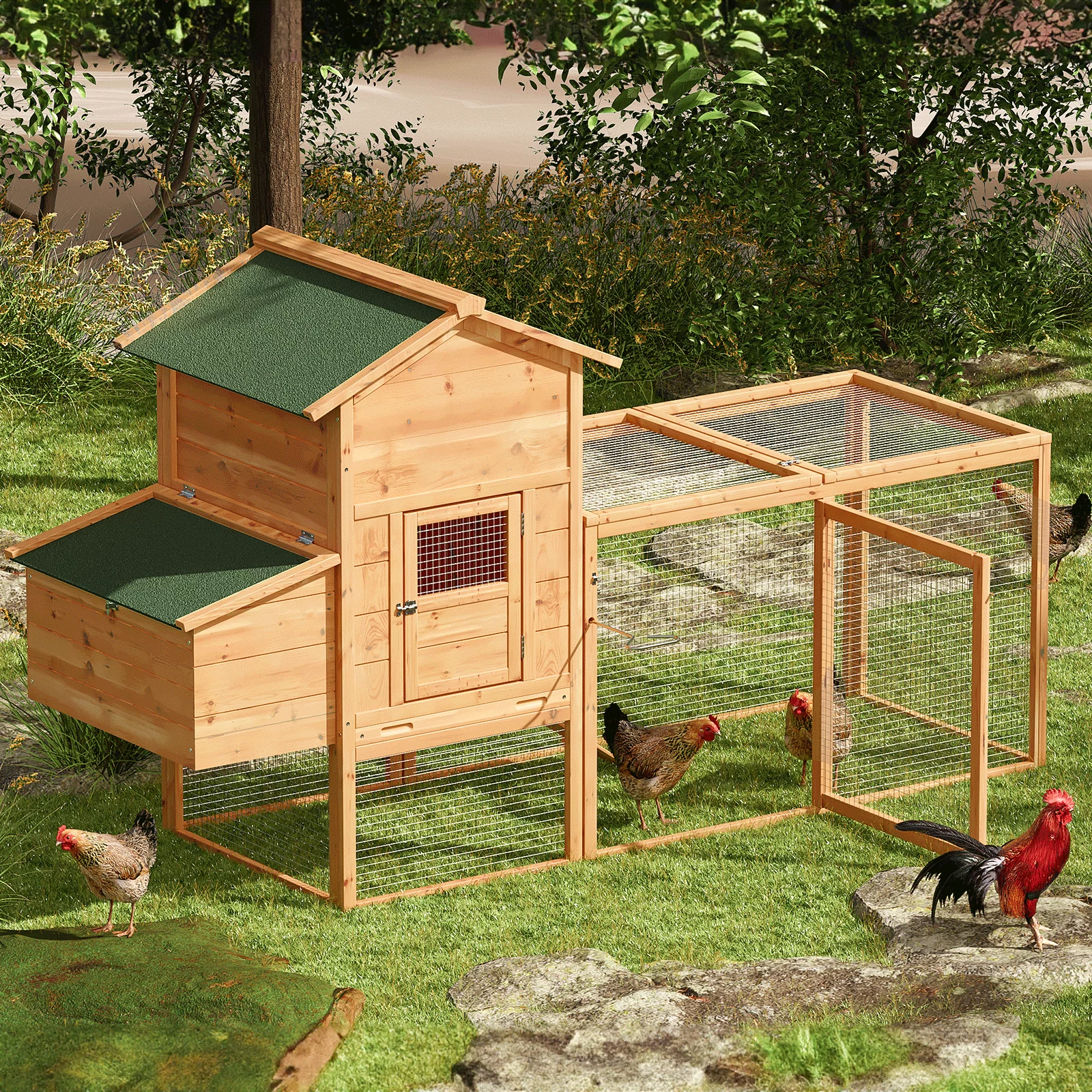 Magshion Outdoor Chicken Coop with Nesting Box, 80 inch Wooden Rabbit Hutch Poultry House with Run Cage