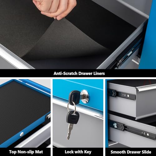 TUFFIOM 5-Drawer Rolling Tool Chest w/Drawers & Lock, Tool Storage Cabinet with Lockable Wheels, Top Cushion & Drawer Liners