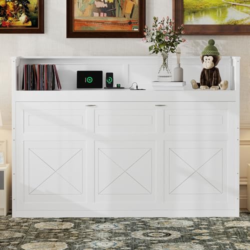 Queen Size Farmhouse Murphy Bed Cabinet with Charging Station, Foldable Platform Bed Frame with 2 Storage Drawers