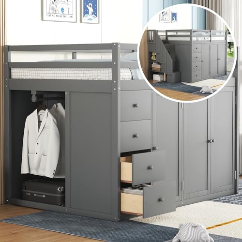 Full Size Loft Bed with Desk & Wardrobe, Solid Wood Kids Loft Bedframe w/3 Storage Drawers & 2 Shelves, Maximum Space Design, for Bedroom, Dorm, Gray