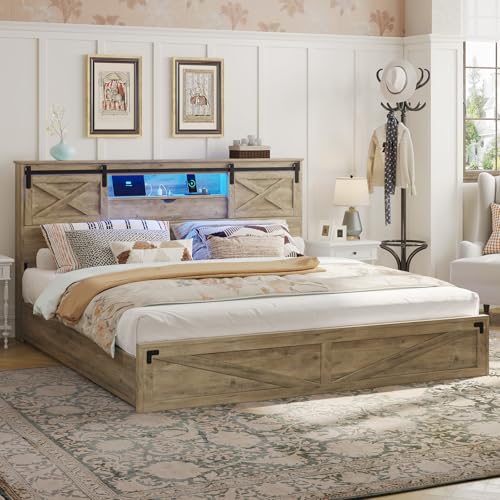 Hasuit Farmhouse Bed Frame California King Size with Storage Bookcase Headboard, Wooden Cal King Bed with LED Lights, Charging Station, 2 Drawers