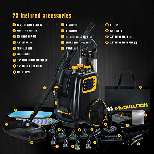 McCulloch MC1385 Deluxe Canister Steam Cleaner with 23 Accessories, Chemical-Free Pressurized Cleaning for Most Floors, Counters, Appliances, Windows