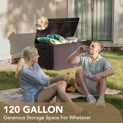 Devoko 120 Gallon Deck Box Resin Outdoor Storage Box Waterproof for Patio, Large Outdoor Storage Bench Lockable for Outside (Black)