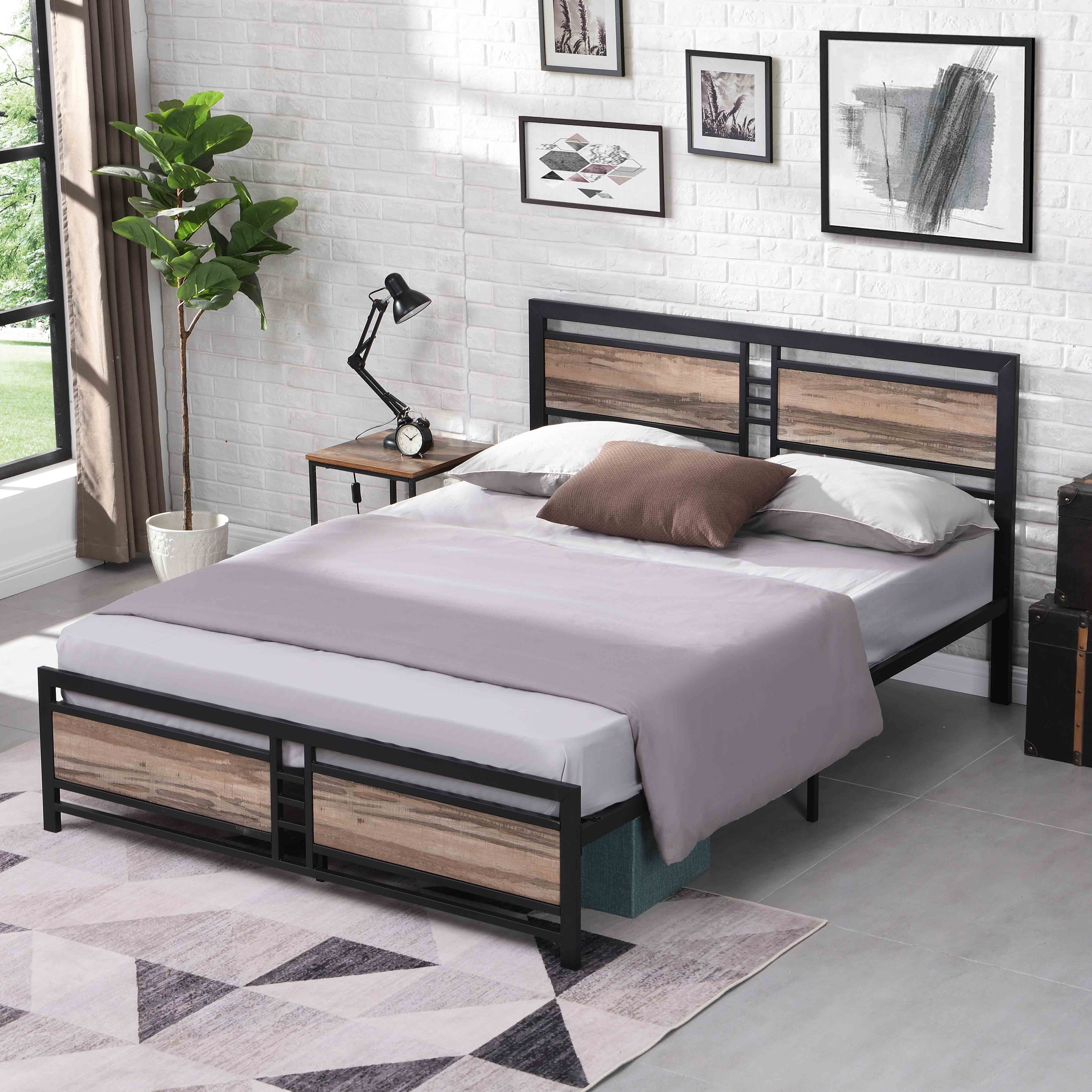 Queen Size Metal Platform Bed Frame with Wood Headboard and Footboard, Heavy Duty Mattress Foundation with Slat Support, Easy to Assemble