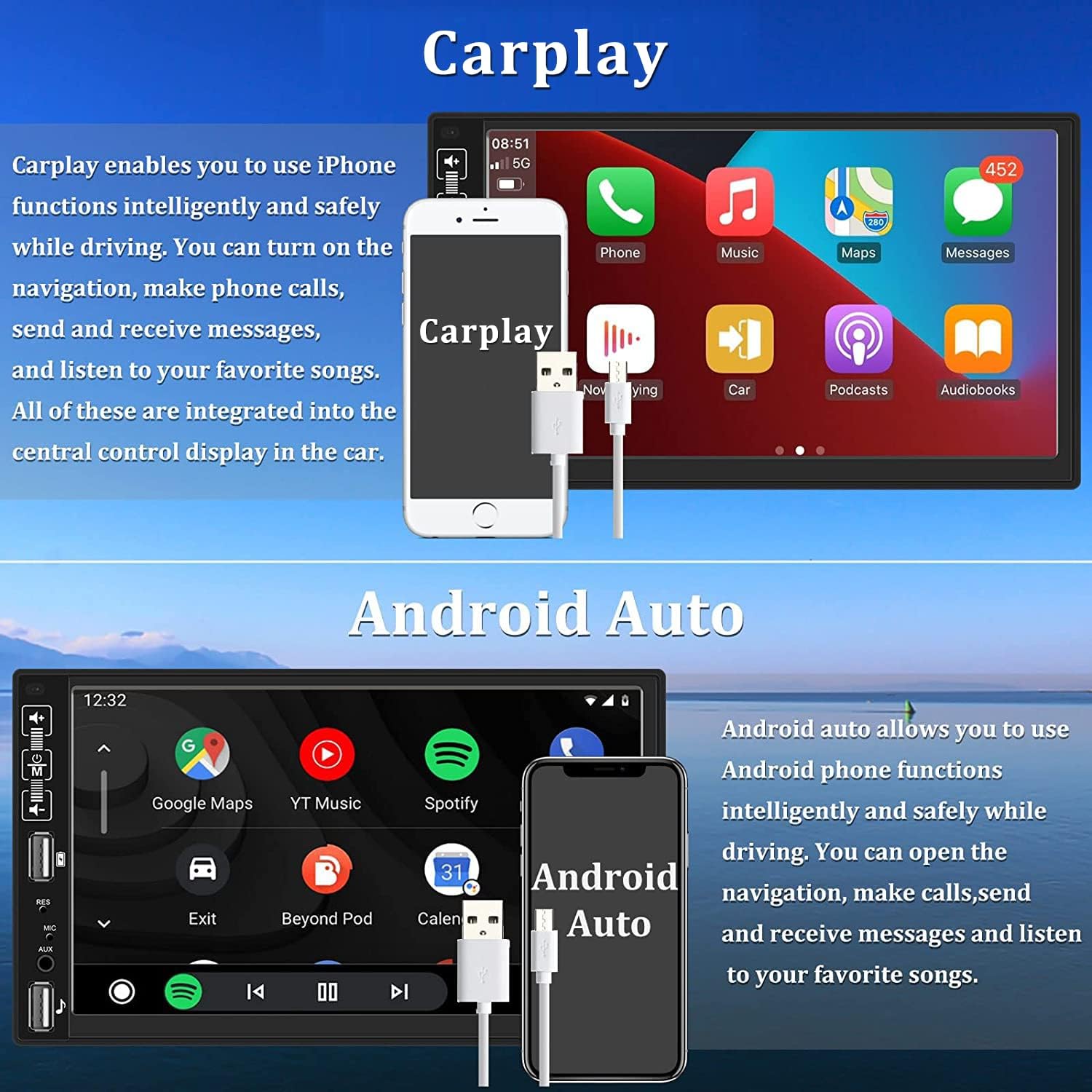 Double Din Car Stereo with CarPlay Android Auto
