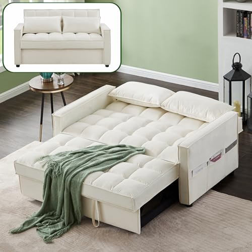 Convertible Sofa Bed, 3 in 1 Velvet Sleeper Loveseat with Pull Out Bed, Adjustable Backrest, 2 Pillows and 2 Foldable Side Table