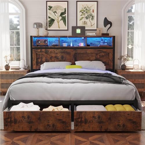 Farmhouse Full Size Bed Frame with Storage Bookcase Headboard and Drawers, RGB LED Lights and Charging Station, No Box Spring Needed, Noise Free