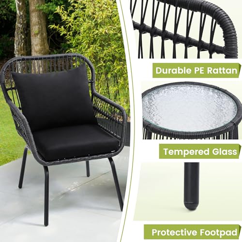 3 Piece Rattan Wicker Bistro Set, Outdoor Conversation Furniture Set with Glass Top Table, Space Saving for Balcony, Backyard, Natural