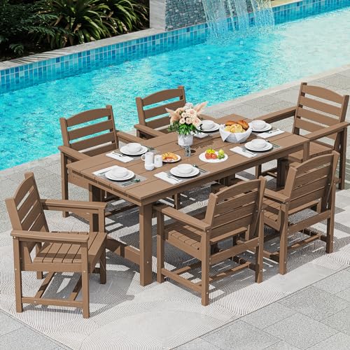 SERWALL Outdoor HDPE Dining Table Set, 7-Piece Outdoor Dining Table Sets with Umbrella Hole Cut-Out Table and 6 Chairs, Gray