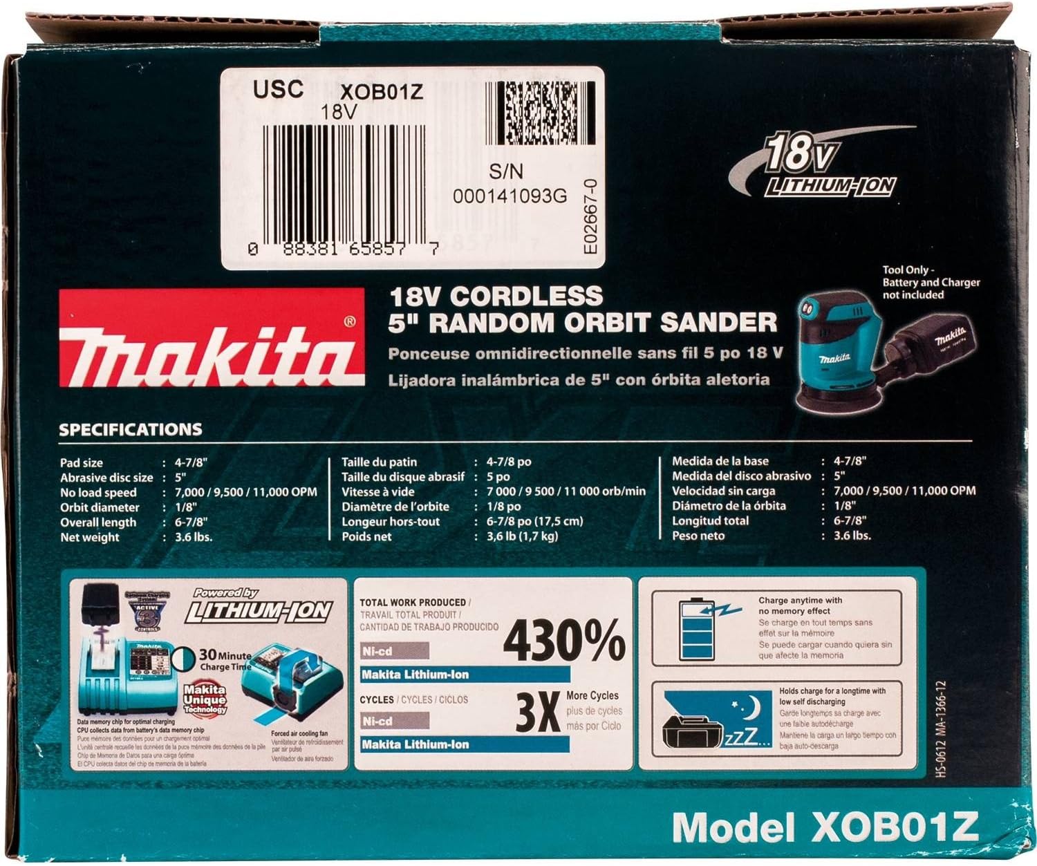Makita XOB01Z 18V LXT® Lithium-Ion Cordless 5" Random Orbit Sander, Tool Only
