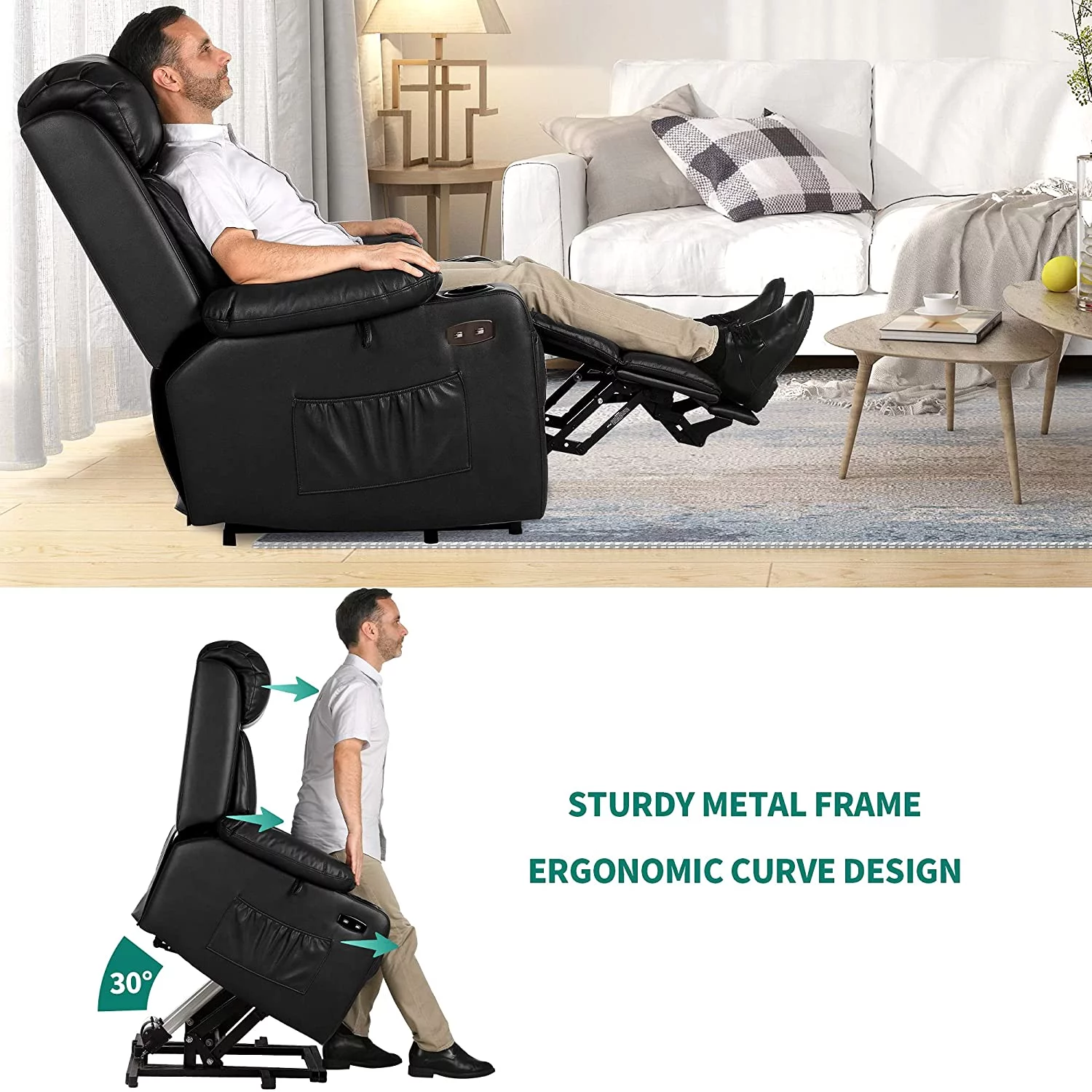 DWVO Power Lift Recliner Chair with Extended Footrest , Faux Leather Recliner Chair with Massage Heat, Remote Control for Living Room ,Black