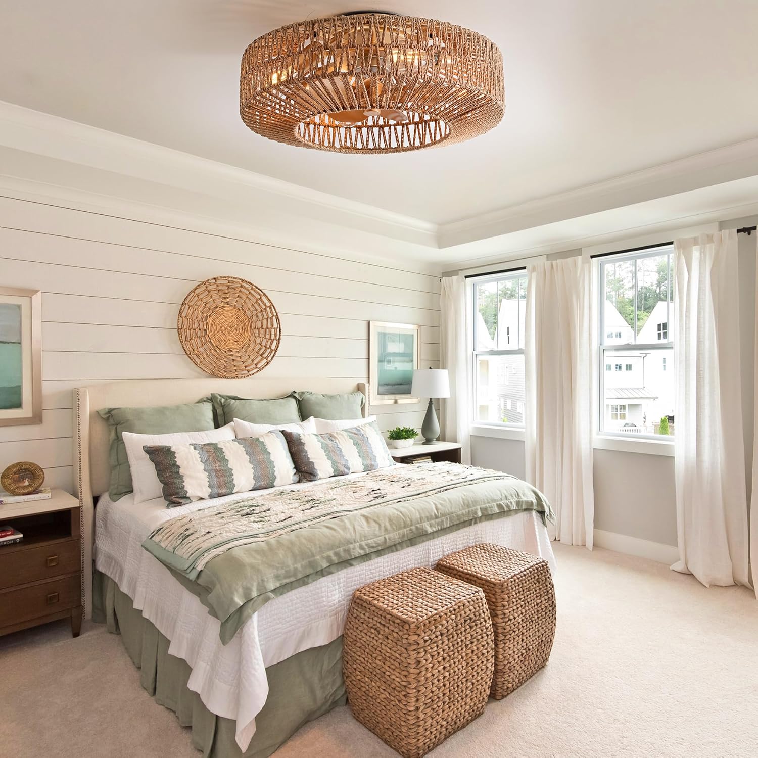 20" Boho Caged Fandelier with Lights Flush Mount Rattan Ceiling Fan with Lights and Remote Control