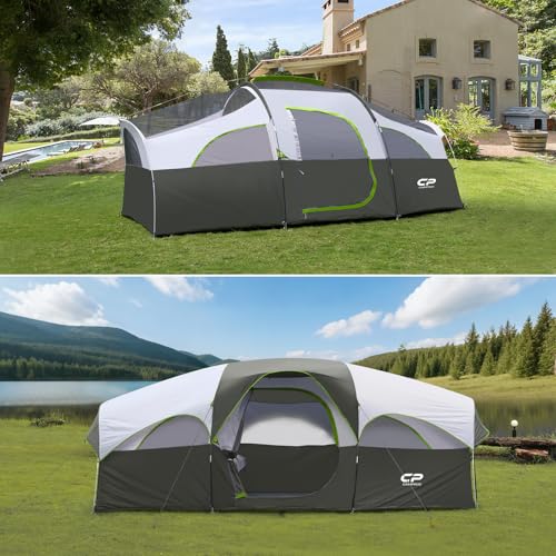 CAMPROS CP Tent 8 Person Camping Tents, Weather Resistant Family Tent, 5 Large Mesh Windows, Double Layer, Divided Curtain for Separated Room