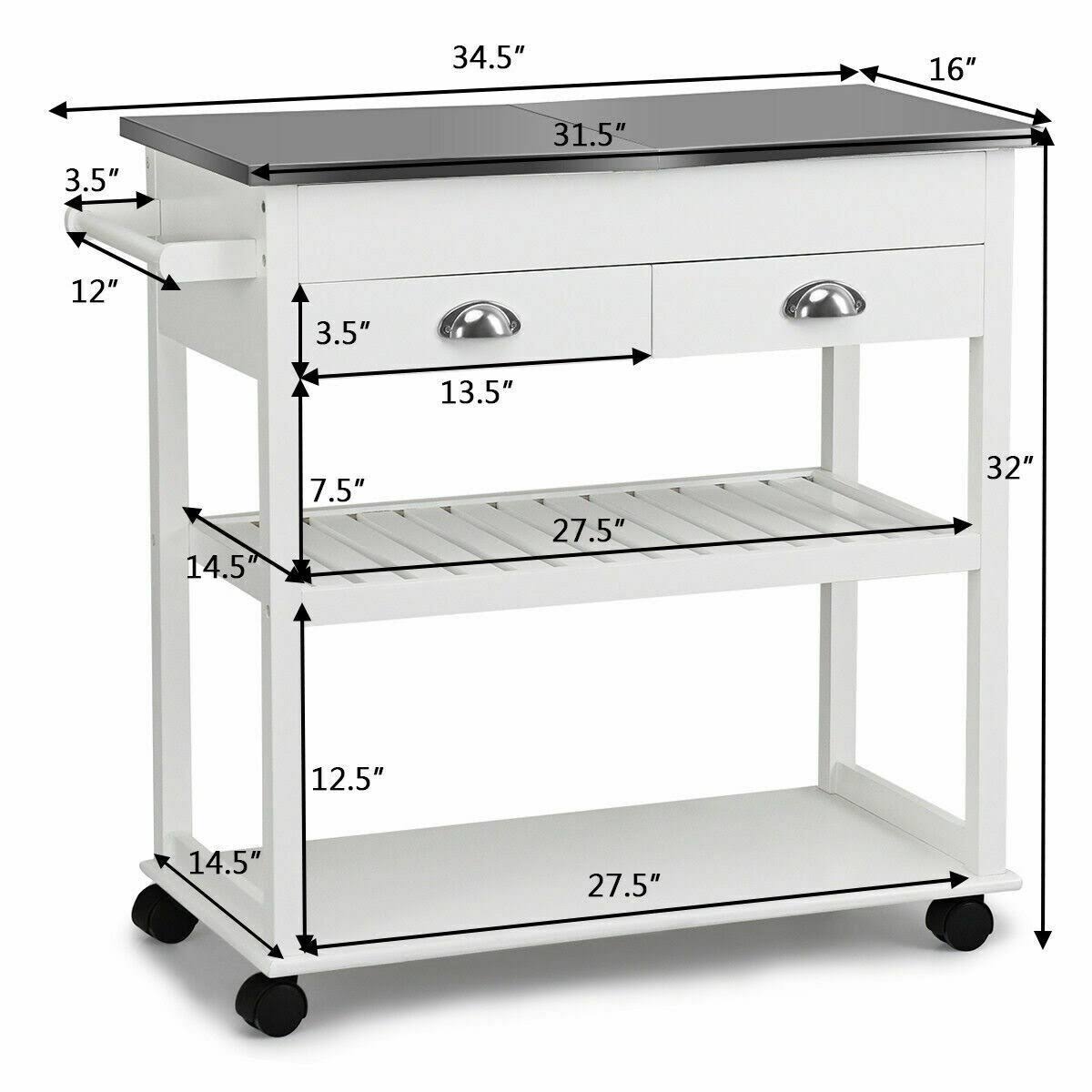 Stainless Steel Mobile Kitchen Trolley Cart with Drawers u0026 Casters - 34.5x22 x 16x22 x 32x22 (L x W x H) - White