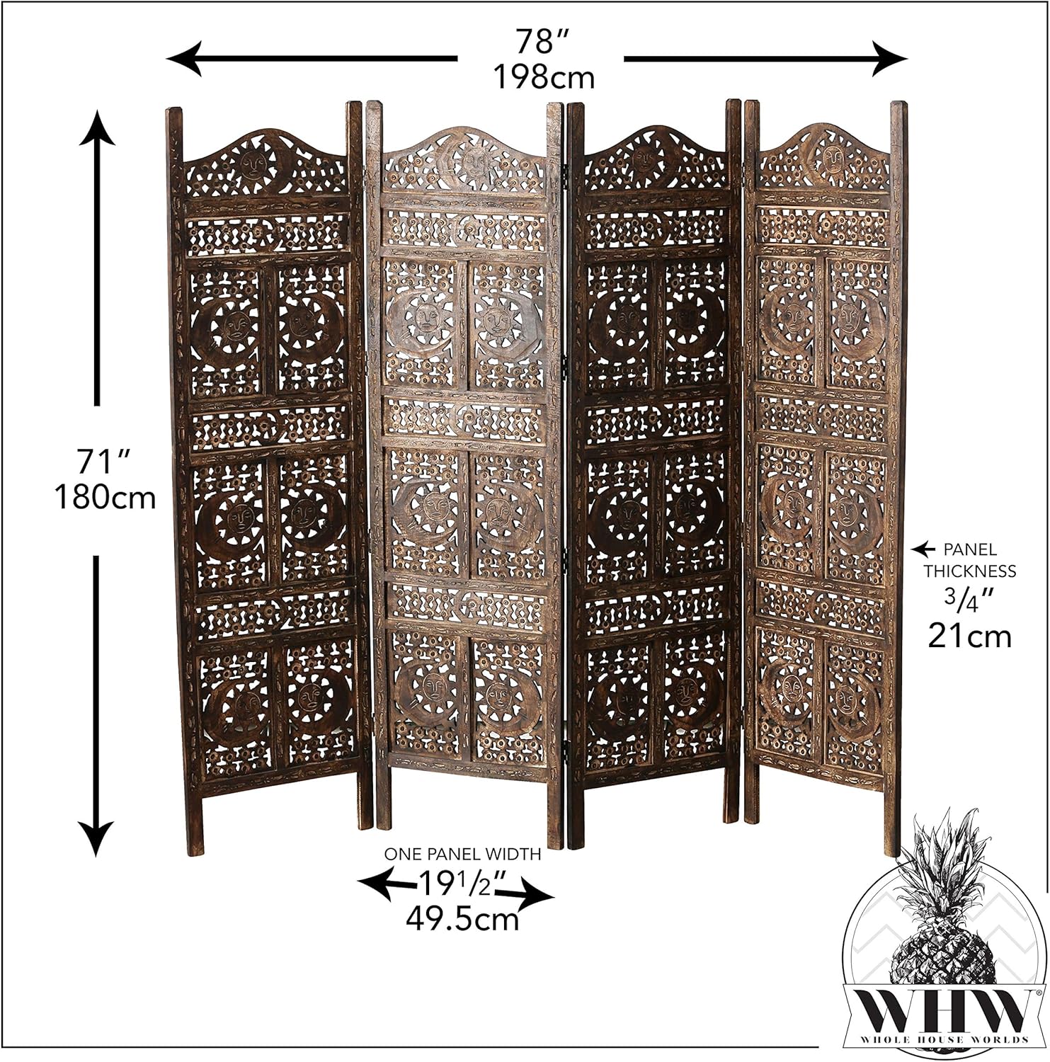 Global Chic Sun, Moon and Star 4 Panel Screen Room Divider of Hand Carved Sustainable Mango Wood