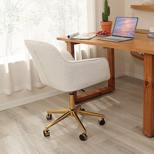 Zesthouse Modern Desk Chair with Wheels, White Swivel Vanity Chair for Girls Women, Upholstered Home Office Chair Boucle Armchair for Bedroom