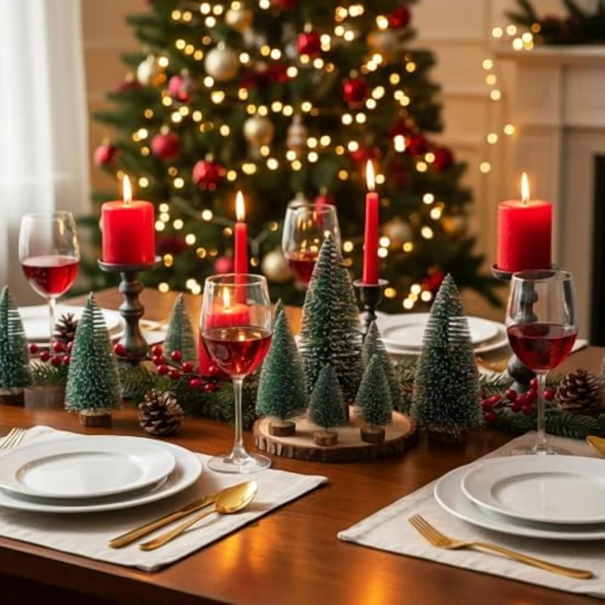24 Pcs Bottle Brush Christmas Trees in 3 Size 18 Desktop Miniature Christmas Trees with 6 Nature Unfinished Round Wood Slices Table Decorations for