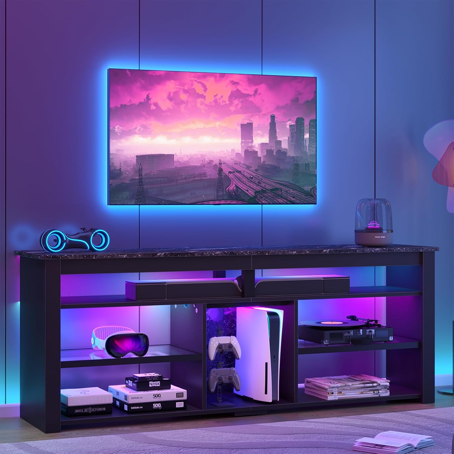 Bestier TV Stand for 65/70 inch TV, Tall Entertainment Center with 2 Led Lights, Gaming TV Console with Storage for PS5
