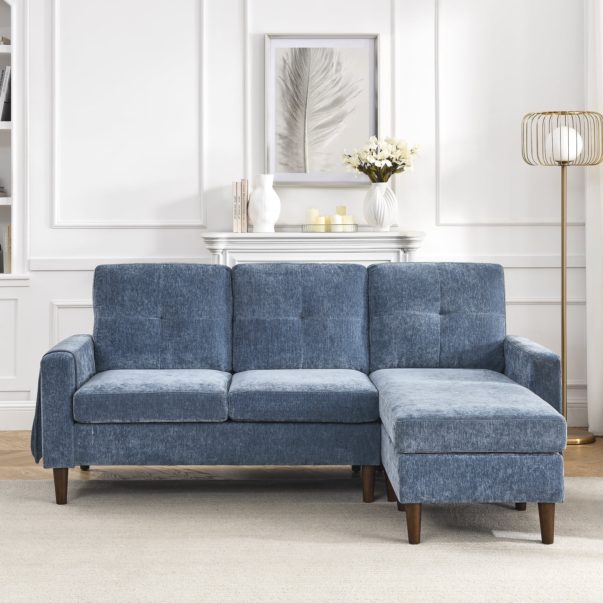 80" Convertible Sectional Sofa Couch, 3 Seats L-shape Sofa with Removable Cushions and Pocket, Rubber Wood Legs, Navy Chenille