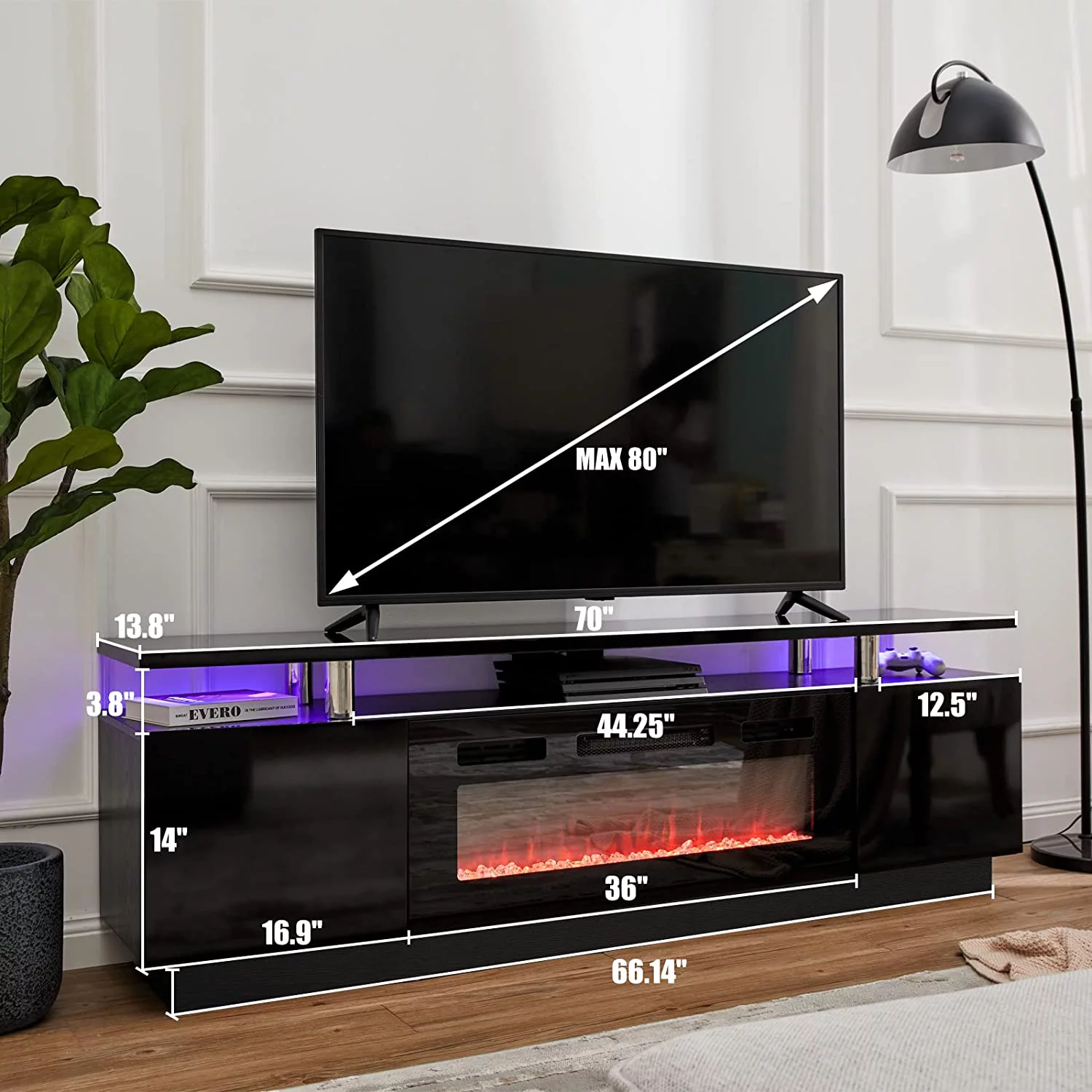 Amerlife Fireplace TV Stand with 36" Fireplace, 70" Modern High Gloss Entertainment Center LED Lights, 2 Tier TV Console Cabinet for TVs Up to 80"