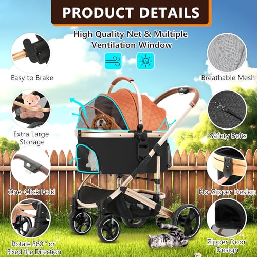 Pet Stroller 3 in 1 Folding Lightweight Dog Stroller with Detachable Carrier & Storage Basket, Premium 4 Wheels Travel for Puppies, Doggies
