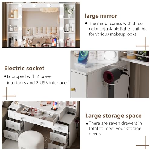 Farmhouse Makeup Vanity with Lighted Mirror & Charging Station, Vanity Desk Dresser Table with 3 Lighting Modes Brightness Adjustable,Drawers