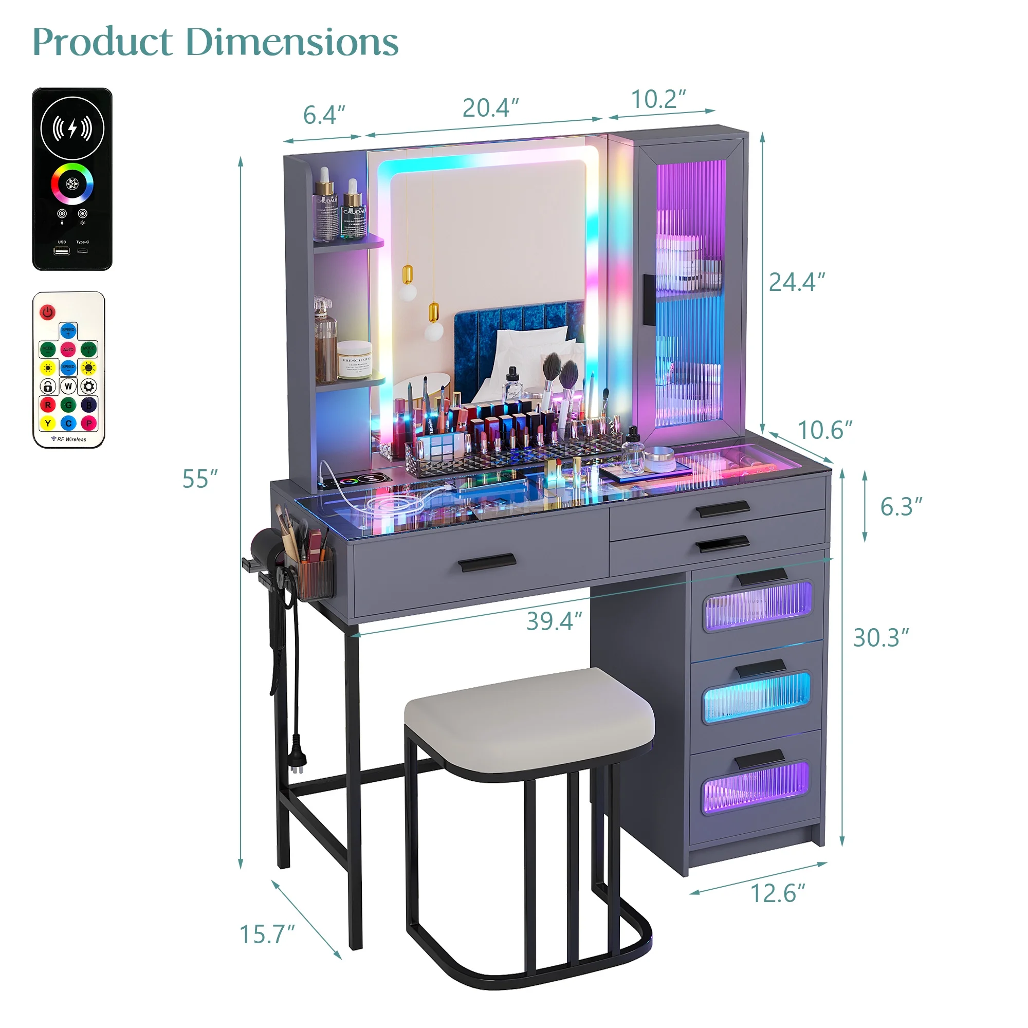 HNEBC RGB Vanity Desk with Lights, Glass Top Makeup Desk with Wireless Charging Station, Dressing Table Set with Stool/6 Drawers