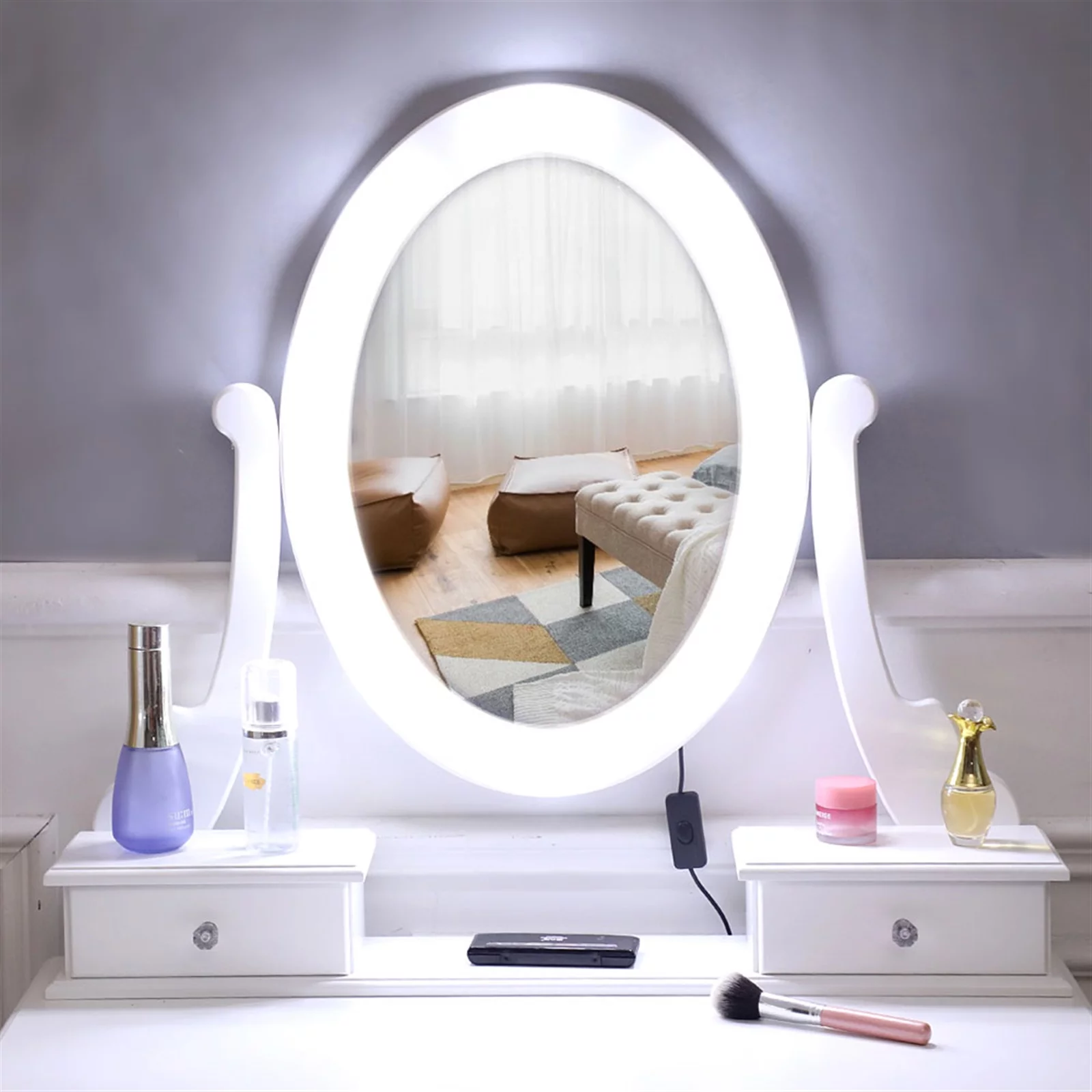 Smuxee Modern Vanity Table Set with Lighted Mirror,Makeup Vanity with 5 Drawers and Stool,Girls,White
