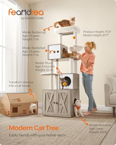 Feandrea Cat Tree with Litter Box Enclosure, 2-in-1 Modern Cat Tower, 70.8-Inch Tall Cat Condo with Scratching Posts, Perch, Caves, Basket
