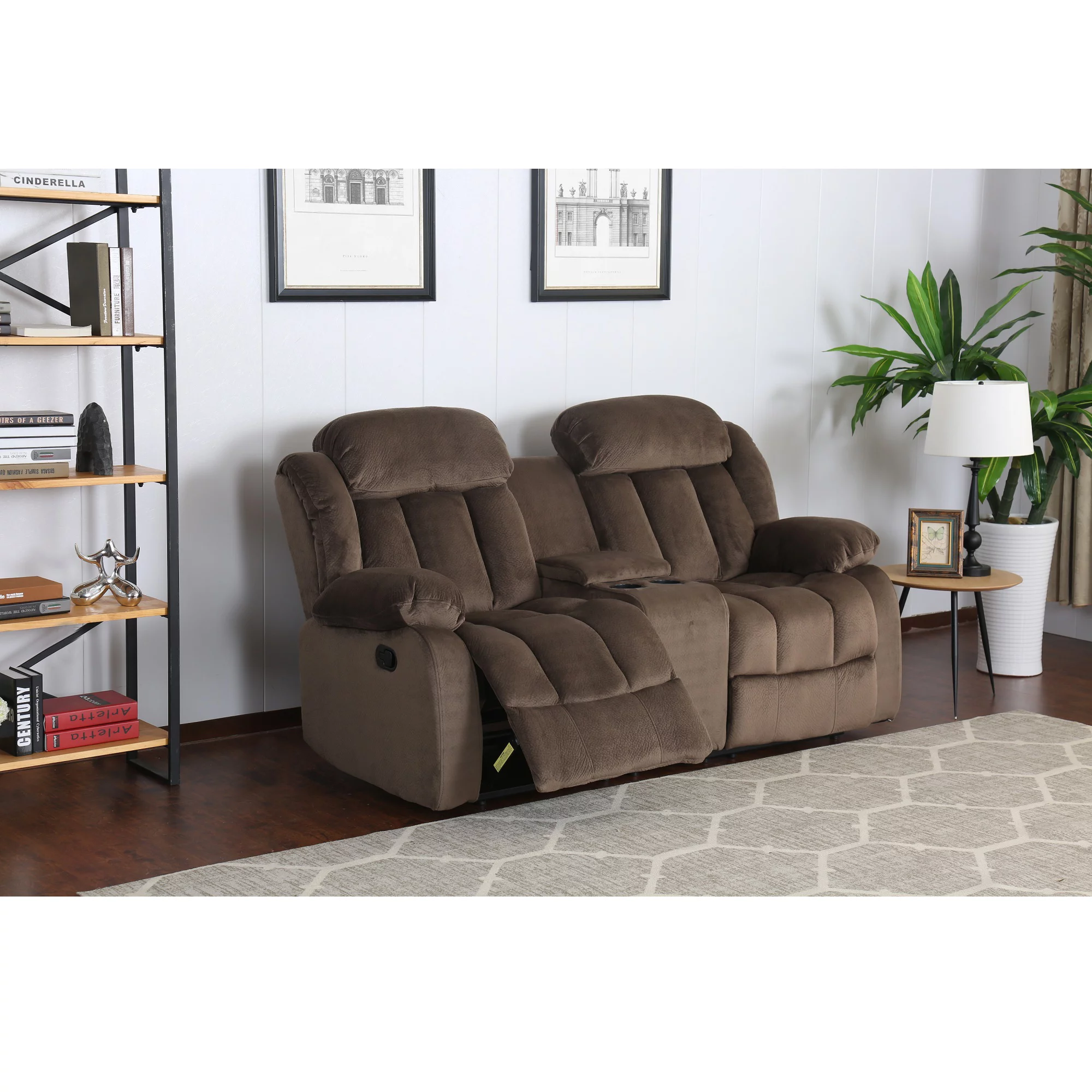 The Hamptons Collection 78” Brown Teddy Bear Microsuede Fabric Reclining Loveseat with Console