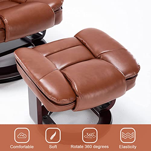 JC Home Argus Swivel Recliner with Ottoman, PU Leather & Wood Base Reclining Chair with Footrest, Ultra-Plush Double Foam for Living Room