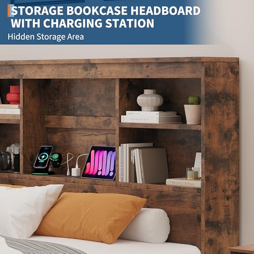 GarveeHome Full Size Bed Frame with High Storage Bookcase Headboard, Wood Bed Frame with 4 Storage Drawers, Built in Charging Station