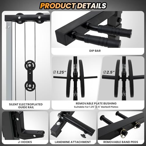 Power Cage with LAT Pulldown, Multi-Functional Power Rack with Cable Pulley System and J-Hooks, Squat Rack with Dip Bars and Landmine Attachment