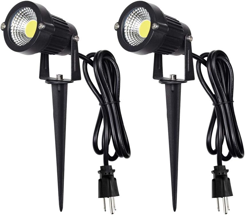 Outdoor Landscape LED Lighting 5W Waterproof Graden Lights COB Led Spotlights with Spiked Stand for Lawn Decorative Lamp US 3- Plug 3500K Warm White