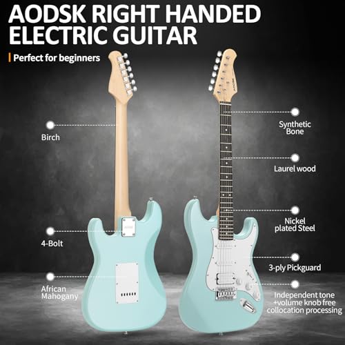 AODSK Electric Guitar with Amp Beginner Kit 39 Inch Solid Body Full Size,All Accessories,Digital Tuner,Six Strings,Four Picks,Tremolo Bar,Strap