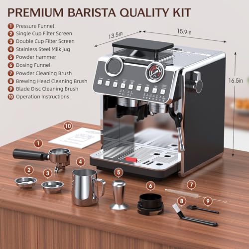 Espresso Machine with Grinder, 20 Bar Pressure Professional Espresso Maker with 30 Grinding Settings, 58mm Portafilte