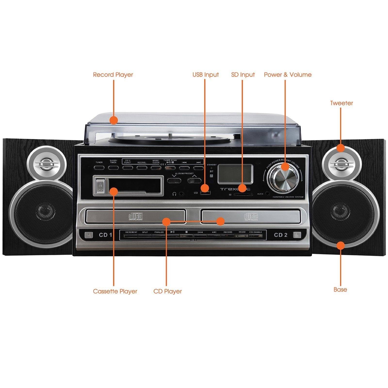 Trexonic 3-Speed Turntable with CD Player, CD Recorder, Cassette Player, Wired Shelf Speakers, FM Radio u0026 CD-USB-SD Recordin