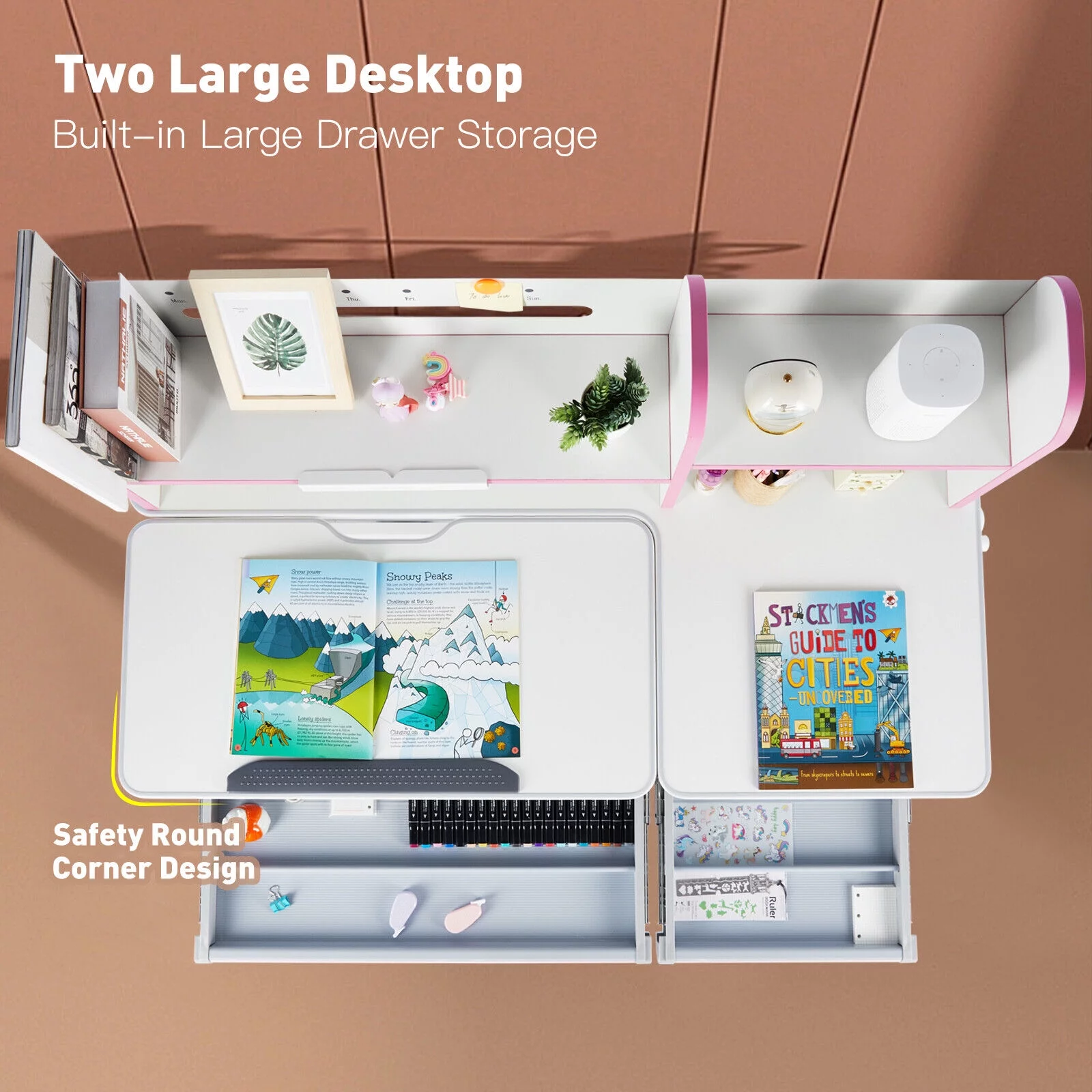 COSVALVE Adjustable Kids Desk and Chair Set with Hutch, Multifunction Ergonomic Study Table Chair with 2 Storage Drawers, Tilt Desktop