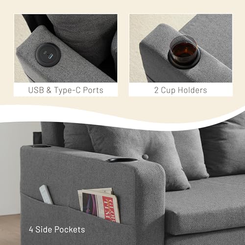 3 in 1 Pull Out Couch, 56 Inch Convertible Sleeper Sofa Bed, Loveseat Sofa with Cup Holders, USB, Sofa Couches for Living Room, Bedroom, Apartment