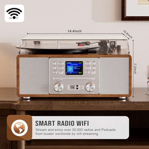 8-in-1 Retro Bluetooth Record Player with Built-in Stereo Speakers | Wireless 3-Speed Turntable for Vinyl, CD, MP3, USB/SD