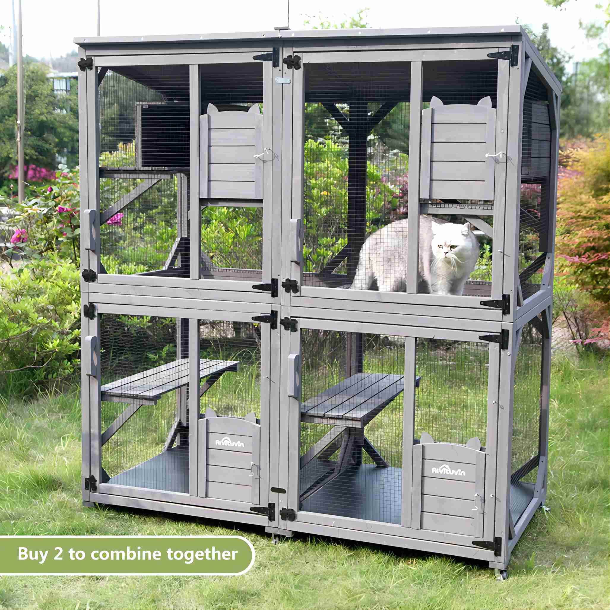 Morgete Catio Outdoor Cat House Wooden Cat Enclosure Resting Box with 3 Platforms, 71 inch Kitten Condo
