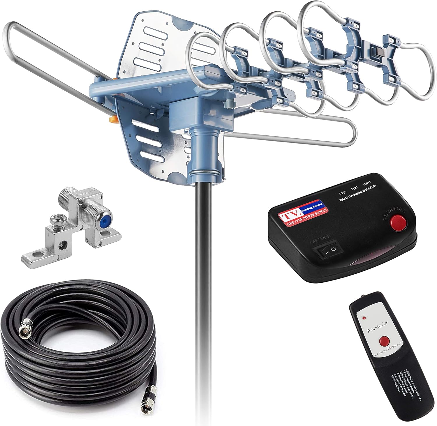 Updated!150 Miles-Amplified Outdoor TV Antenna-4K/1080p High Reception+60FT RG6 Cable-360°Strong Motor Rotation Wireless Remote- Snap On