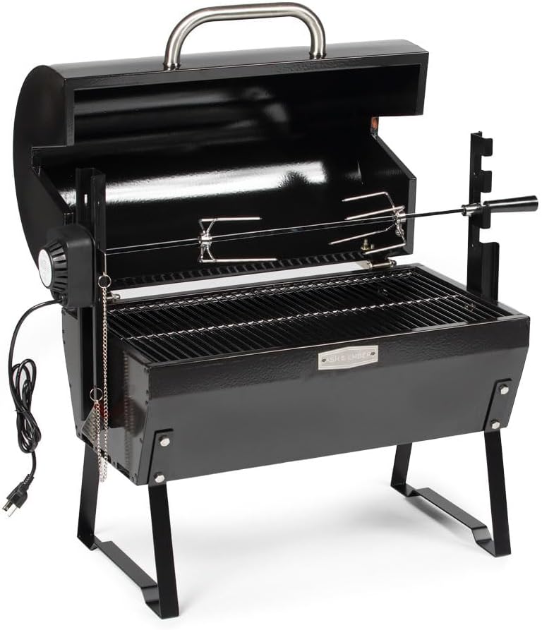 Ash & Ember 4W Rotisserie Spit Roaster Grill, Rated 33 LB, Horizontal Adjustable Spit Rod for Outdoor Charcoal BBQ with Hood, Roast Chicken, Lamb