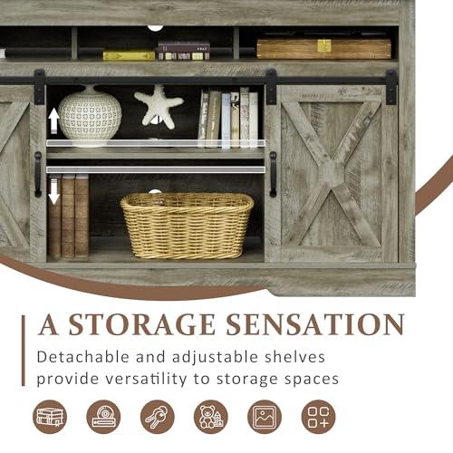 Farmhouse TV Stand for 65+ Inch TV, 34'' Tall Entertainment Center with Sliding Barn Doors