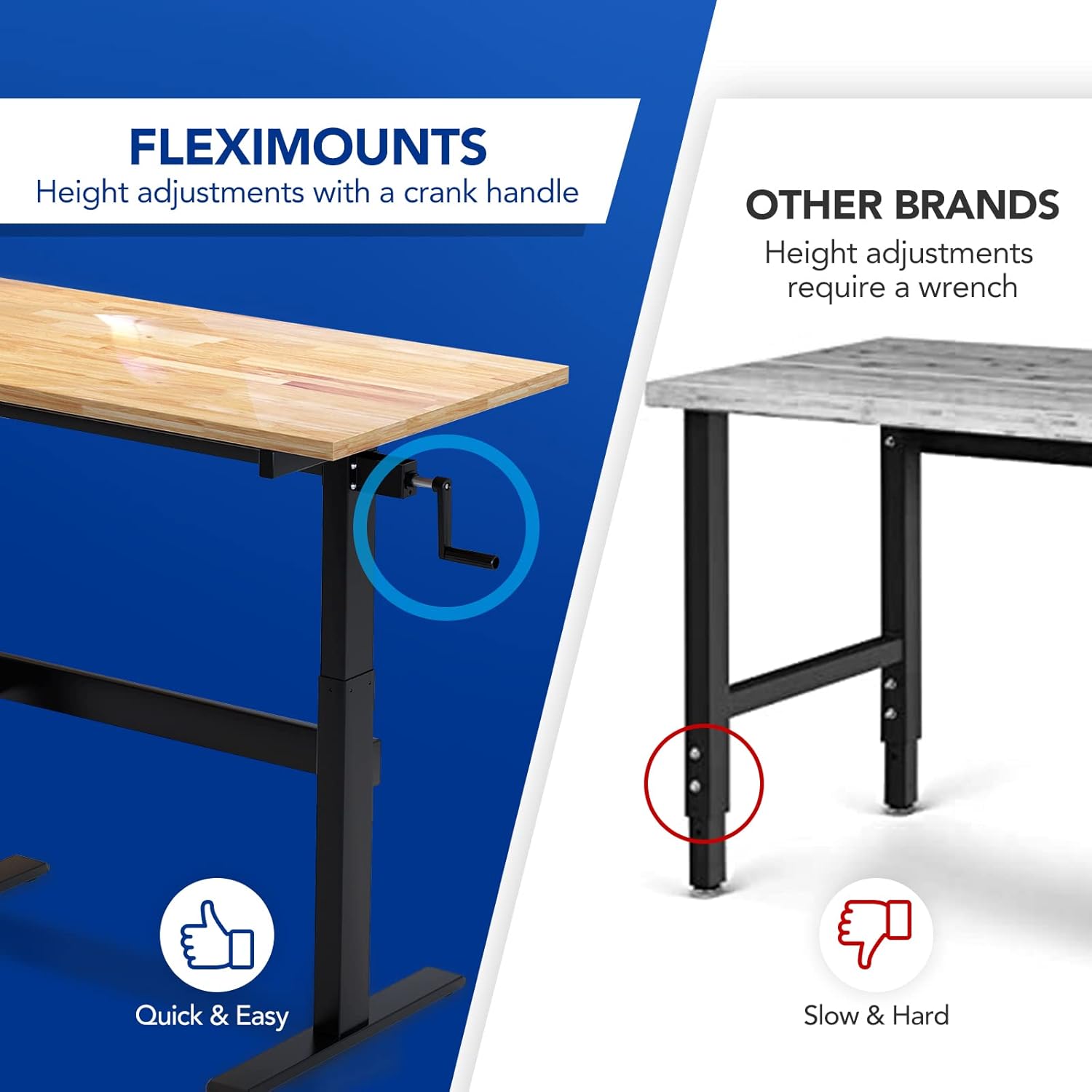 FLEXIMOUNTS Height-Adjustable Work Table with Crank Handle, 500-lb Capacity Rubberwood Top Garage Workbench and Sit-Stand Desk